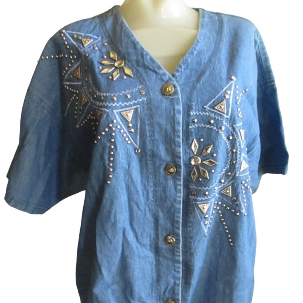 2XL Vintage Women's Denim Top Studded Rhinestone 1990's Mom Jacket USA MADE XXL